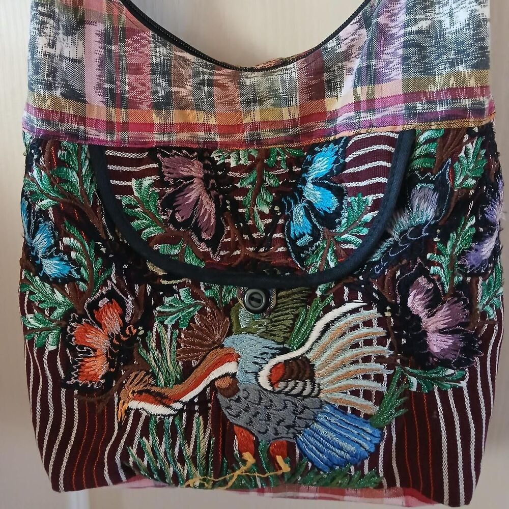 Boho multicolor plaid patchwork embroidered bird … - image 3